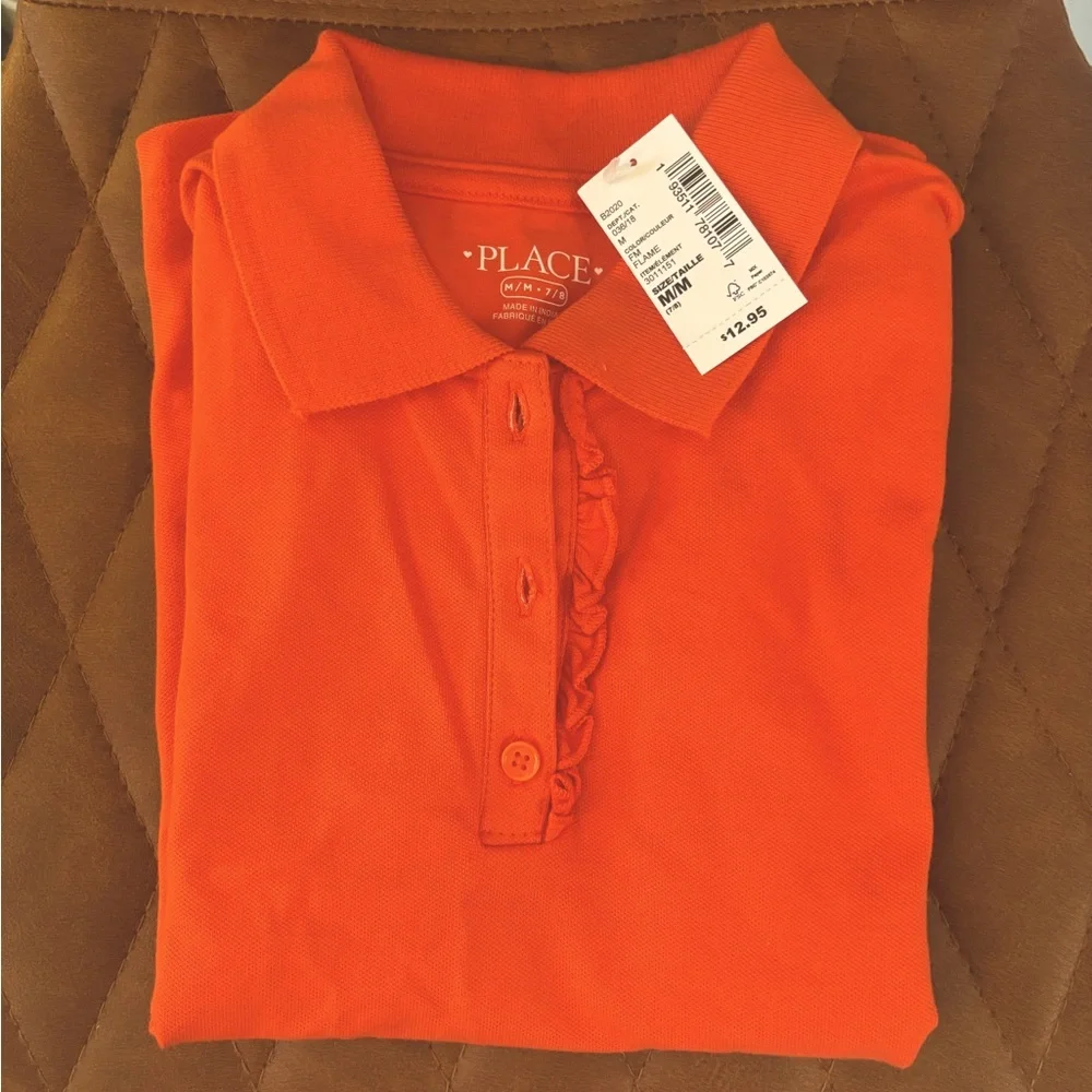 NEW - The Children’s Place Girls Uniform Ruffle Pique Polo - Flame Medium (7/8)